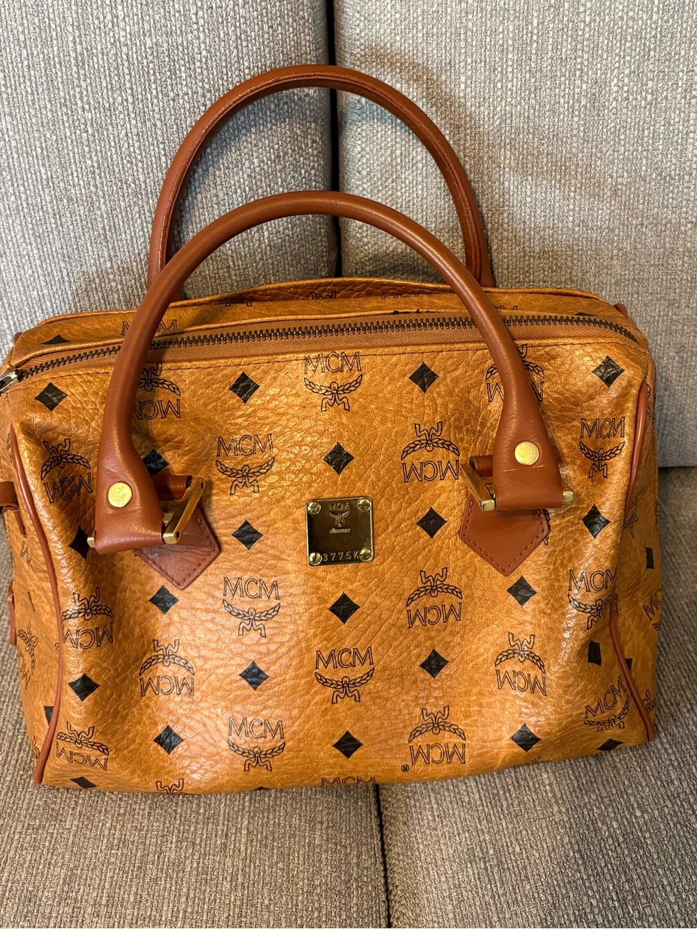 MCM Visetos Cognac Boston Bag
